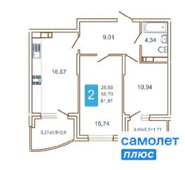 
   Продам 2-комнатную, 61 м², Кирилла Россинского ул, 3/2

. Фото 2.