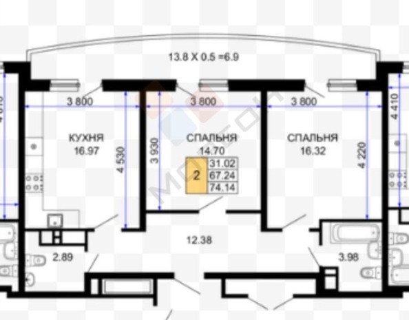 
   Продам 2-комнатную, 74.1 м², Петра Метальникова ул, 38

. Фото 7.