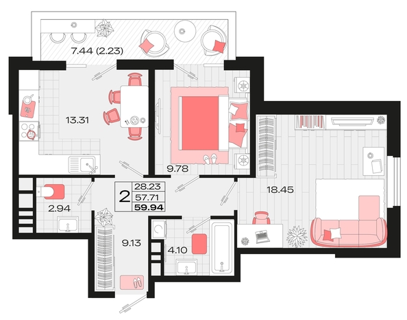 
   Продам 2-комнатную, 59.94 м², Римские каникулы, литера 4

. Фото 4.