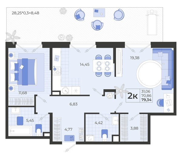 
   Продам 2-комнатную, 78.59 м², Высочество, литера 1

. Фото 4.