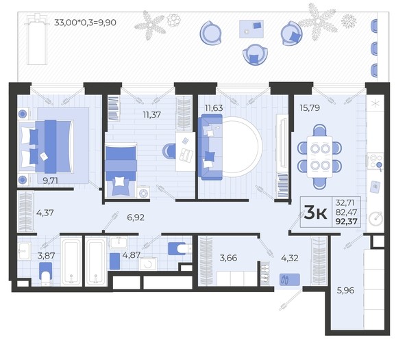 
   Продам 3-комнатную, 92.1 м², Высочество, литера 1

. Фото 4.