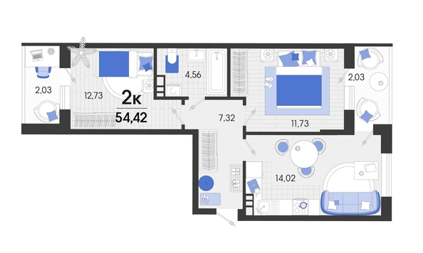 
   Продам 2-комнатную, 54.8 м², Белые росы, литера 9

. Фото 8.