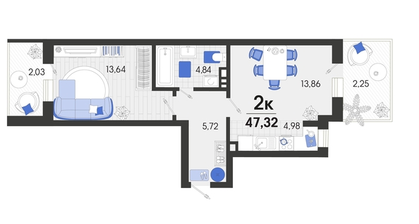 
   Продам 2-комнатную, 47.32 м², Белые росы, литера 9

. Фото 4.