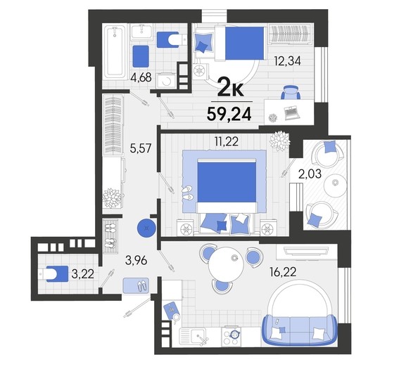 
   Продам 2-комнатную, 59.24 м², Белые росы, литера 9

. Фото 4.