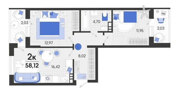 
   Продам 2-комнатную, 58.12 м², Белые росы, литера 9

. Фото 4.