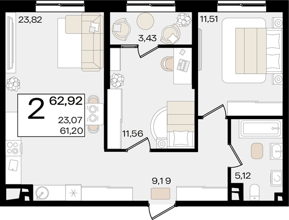 
   Продам 2-комнатную, 62.92 м², Патрики, литер 1.1

. Фото 2.