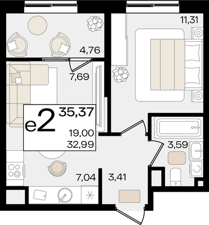 
   Продам 2-комнатную, 35.37 м², Патрики, литер 1.1

. Фото 2.