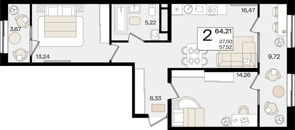 
   Продам 2-комнатную, 64.21 м², Патрики, литер 1.5

. Фото 2.