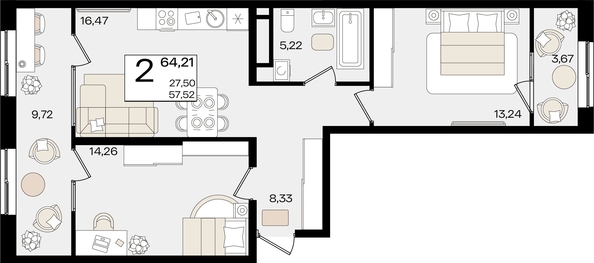 
   Продам 2-комнатную, 64.21 м², Патрики, литер 1.5

. Фото 2.