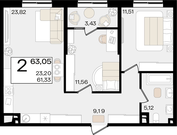 
   Продам 2-комнатную, 63.05 м², Патрики, литер 1.3

. Фото 2.