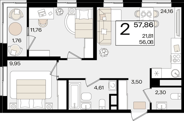 
   Продам 2-комнатную, 57.86 м², Патрики, литер 1.3

. Фото 2.