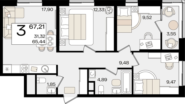 
   Продам 3-комнатную, 67.21 м², Патрики, литер 1.4

. Фото 2.