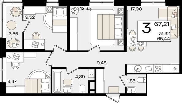 
   Продам 3-комнатную, 67.21 м², Патрики, литер 1.4

. Фото 2.