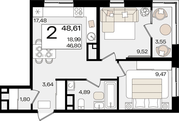 
   Продам 2-комнатную, 48.61 м², Патрики, литер 1.2

. Фото 2.