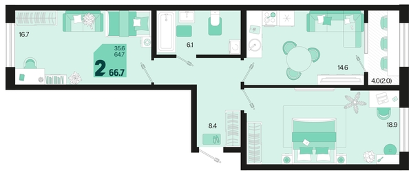 
   Продам 2-комнатную, 66.7 м², Первое место, квартал 1.1, литер 2

. Фото 1.