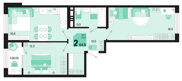 
   Продам 2-комнатную, 64.9 м², Первое место, квартал 1.1, литер 2

. Фото 12.