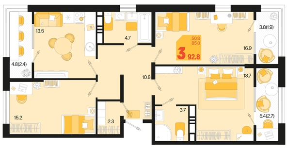 
   Продам 3-комнатную, 92.8 м², Первое место, квартал 1.1, литер 2

. Фото 1.