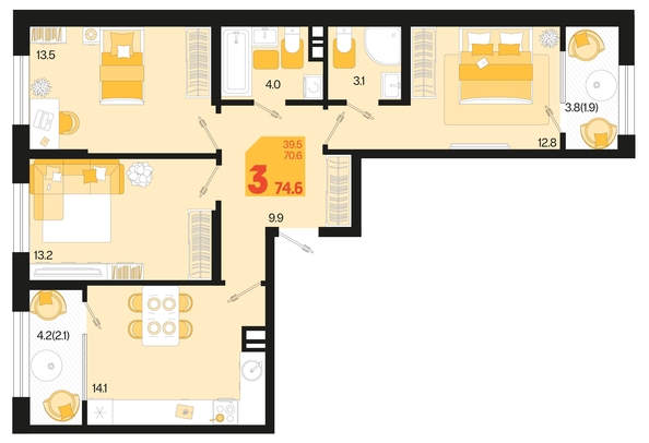 
   Продам 3-комнатную, 74.6 м², Первое место, квартал 1.3, литер 1

. Фото 1.