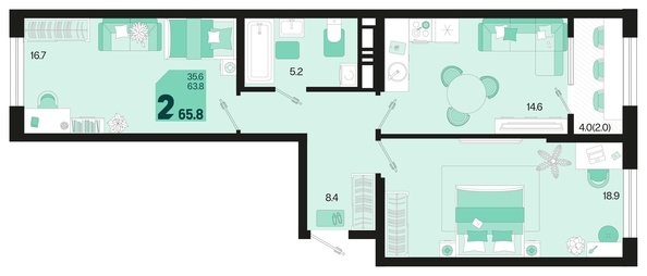 
   Продам 2-комнатную, 65.8 м², Первое место, квартал 1.3, литер 1

. Фото 1.