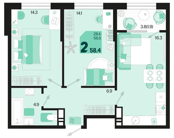 
   Продам 2-комнатную, 58.4 м², Первое место, квартал 1.3, литер 1

. Фото 1.