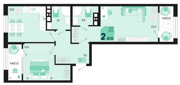 
   Продам 2-комнатную, 67 м², Первое место, квартал 1.3, литер 2

. Фото 1.