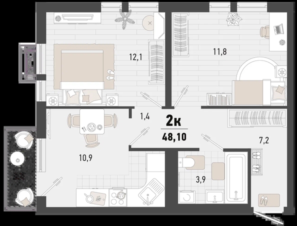 
   Продам 2-комнатную, 48.1 м², Барса, 1В литер

. Фото 1.