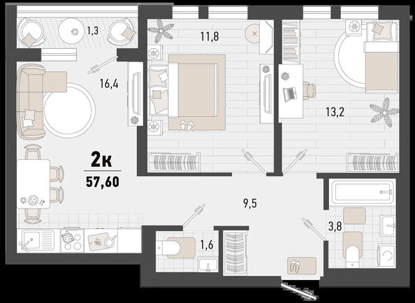 
   Продам 2-комнатную, 57.6 м², Барса, 3В литер

. Фото 1.