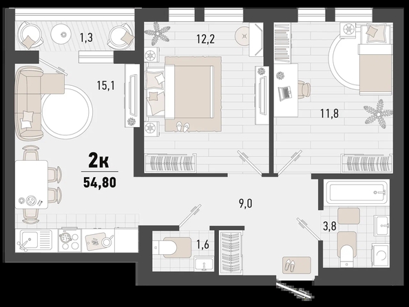 
   Продам 2-комнатную, 54.8 м², Барса, 3В литер

. Фото 1.