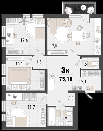 
   Продам 3-комнатную, 75.1 м², Барса, 4Б литер

. Фото 1.