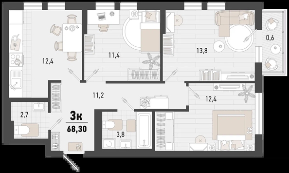 
   Продам 3-комнатную, 68.3 м², Барса, 4В литер

. Фото 1.