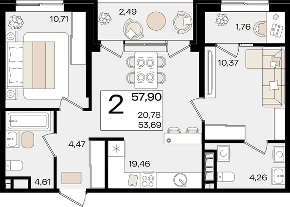 
   Продам 2-комнатную, 57.9 м², Патрики, литер 1.3

. Фото 2.