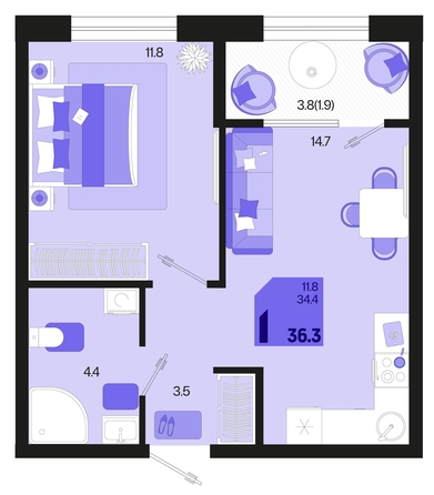 
   Продам 1-комнатную, 36.3 м², Первое место, квартал 1.2, литер 1

. Фото 1.