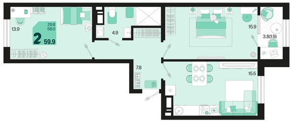 
   Продам 2-комнатную, 59.9 м², Первое место, квартал 1.2, литер 1

. Фото 12.