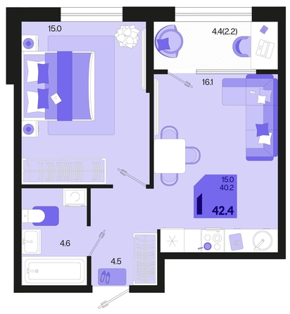 
   Продам 1-комнатную, 42.4 м², Первое место, квартал 1.2, литер 1

. Фото 1.