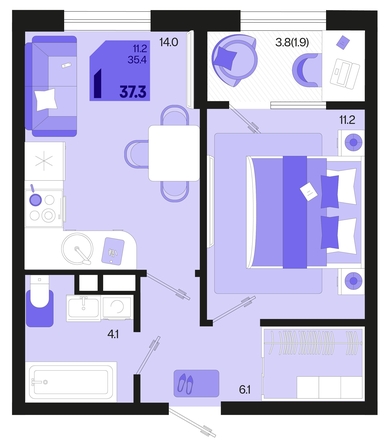 
   Продам 1-комнатную, 37.3 м², Первое место, квартал 1.2, литер 2

. Фото 2.