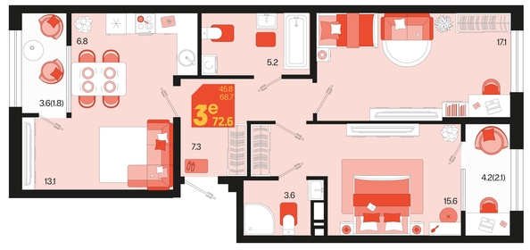 
   Продам 3-комнатную, 71.6 м², Первое место, квартал 1.3, литер 2

. Фото 1.