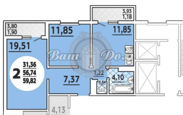 
  Продается 2-комн. квартира 59.1 м². Фото 6.