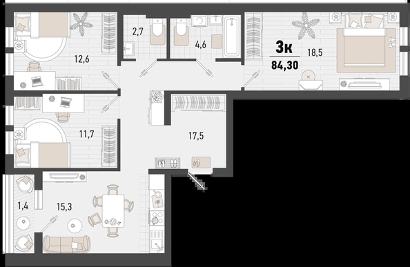 
   Продам 3-комнатную, 84.3 м², Барса, 4В литер

. Фото 1.