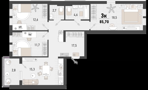 
   Продам 3-комнатную, 85.7 м², Барса, 4В литер

. Фото 1.