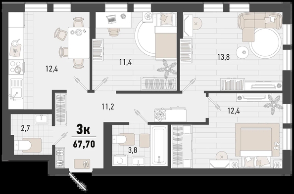 
   Продам 3-комнатную, 67.7 м², Барса, 4В литер

. Фото 2.