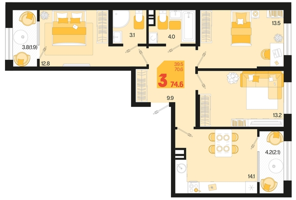 
   Продам 3-комнатную, 74.6 м², Первое место, квартал 1.1, литер 2

. Фото 1.