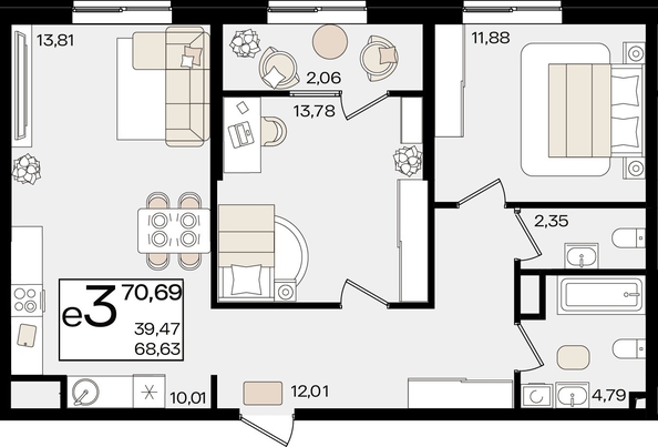 
   Продам 3-комнатную, 70.69 м², Патрики, литер 1.4

. Фото 2.