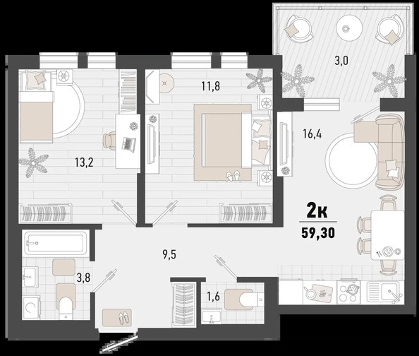 
   Продам 2-комнатную, 59.3 м², Барса, 4В литер

. Фото 2.