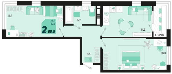 
   Продам 2-комнатную, 65.8 м², Первое место, квартал 1.10 литер 1

. Фото 12.