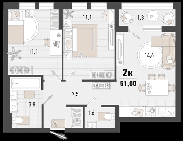 
   Продам 2-комнатную, 51 м², Барса, 4В литер

. Фото 1.