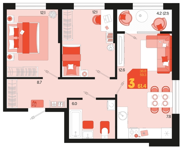 
   Продам 3-комнатную, 61.4 м², Первое место, квартал 1.10 литер 1

. Фото 1.