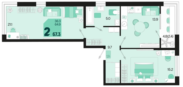 
   Продам 2-комнатную, 67.3 м², Первое место, квартал 1.10 литер 1

. Фото 1.