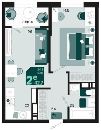 
   Продам 2-комнатную, 42.7 м², Первое место, квартал 1.10, литер 2

. Фото 1.