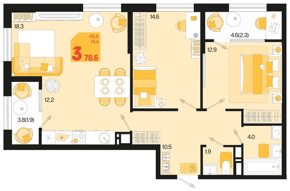 
   Продам 3-комнатную, 78.6 м², Первое место, квартал 1.10 литер 1

. Фото 12.