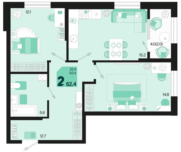 
   Продам 2-комнатную, 62.4 м², Первое место, квартал 1.10, литер 2

. Фото 1.